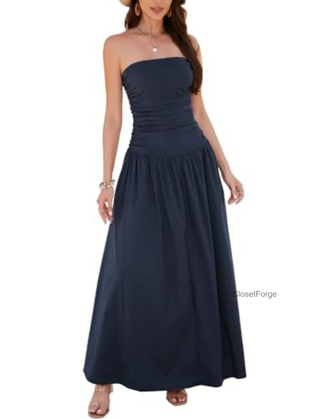 Strapless Maxi Dress Cotton A-Line Ruched Drop Waist Formal
